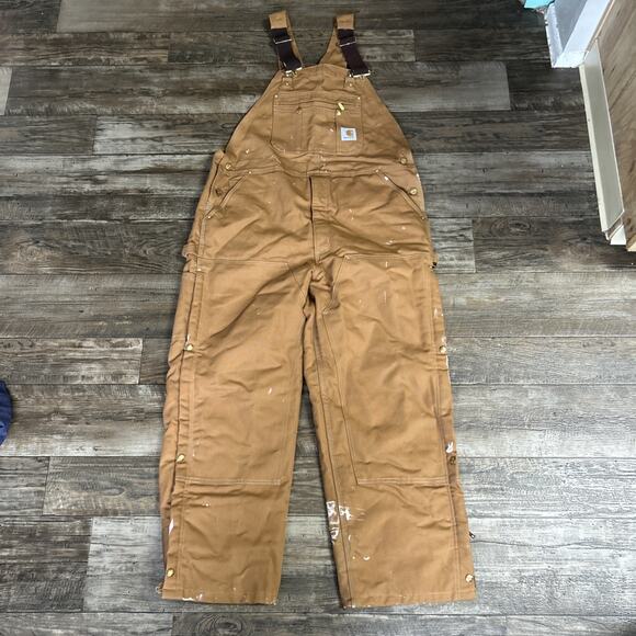 Carhartt R41 Duck Long Zip Double Knee Bib Men's Overall Quilt, 42X30 inch - Tan - Picture 1 of 9